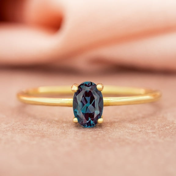 Alexandrite Ring Real Solid Gold Plated Solitaire Alexandrite Ring Oval Alexandrite Stone Ring June Birthstone Ring | Alexandrite Jewelry