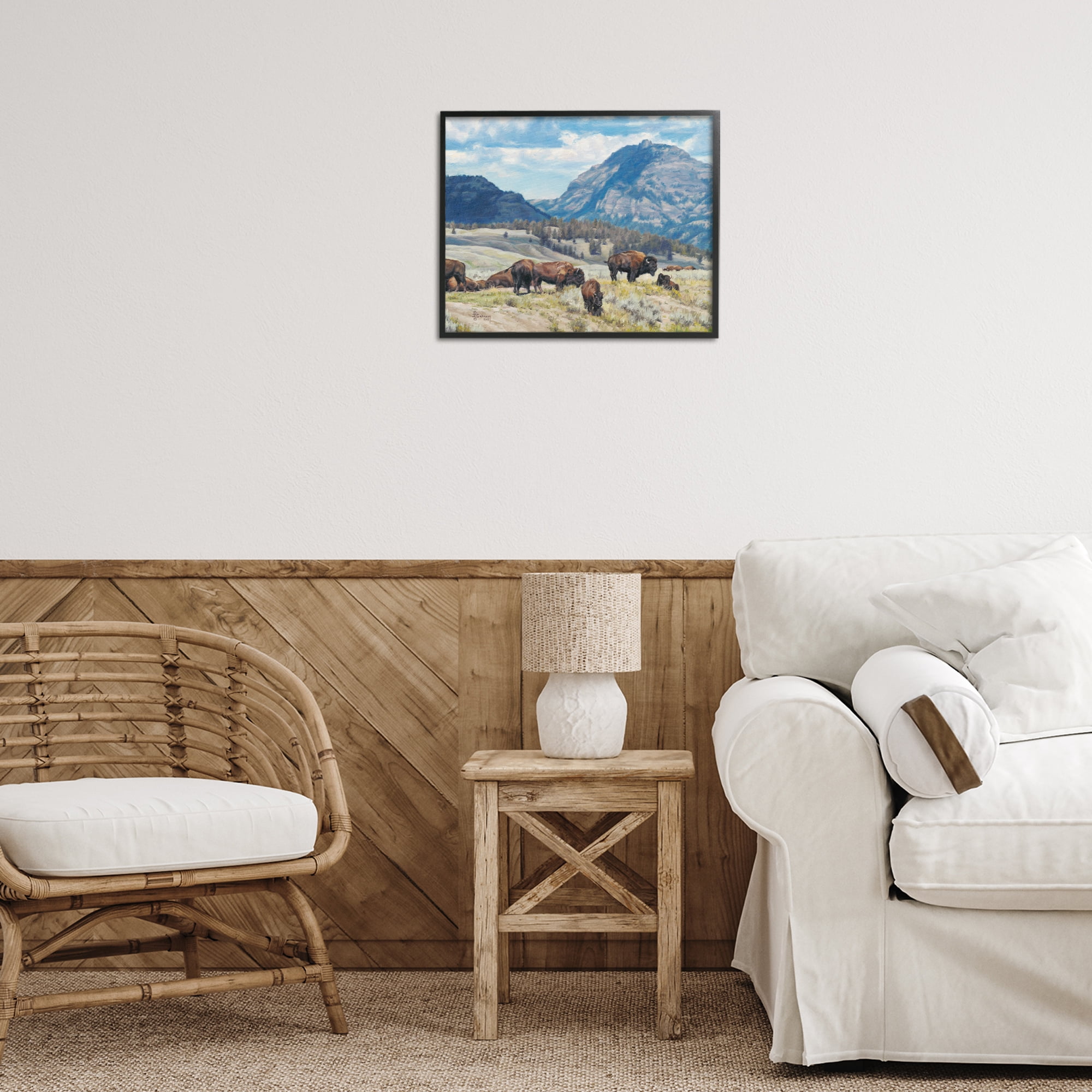 Stupell Industries Sunny Afternoon Bison Landscape Painting Black Framed Art Print Wall Art, 20 x 16