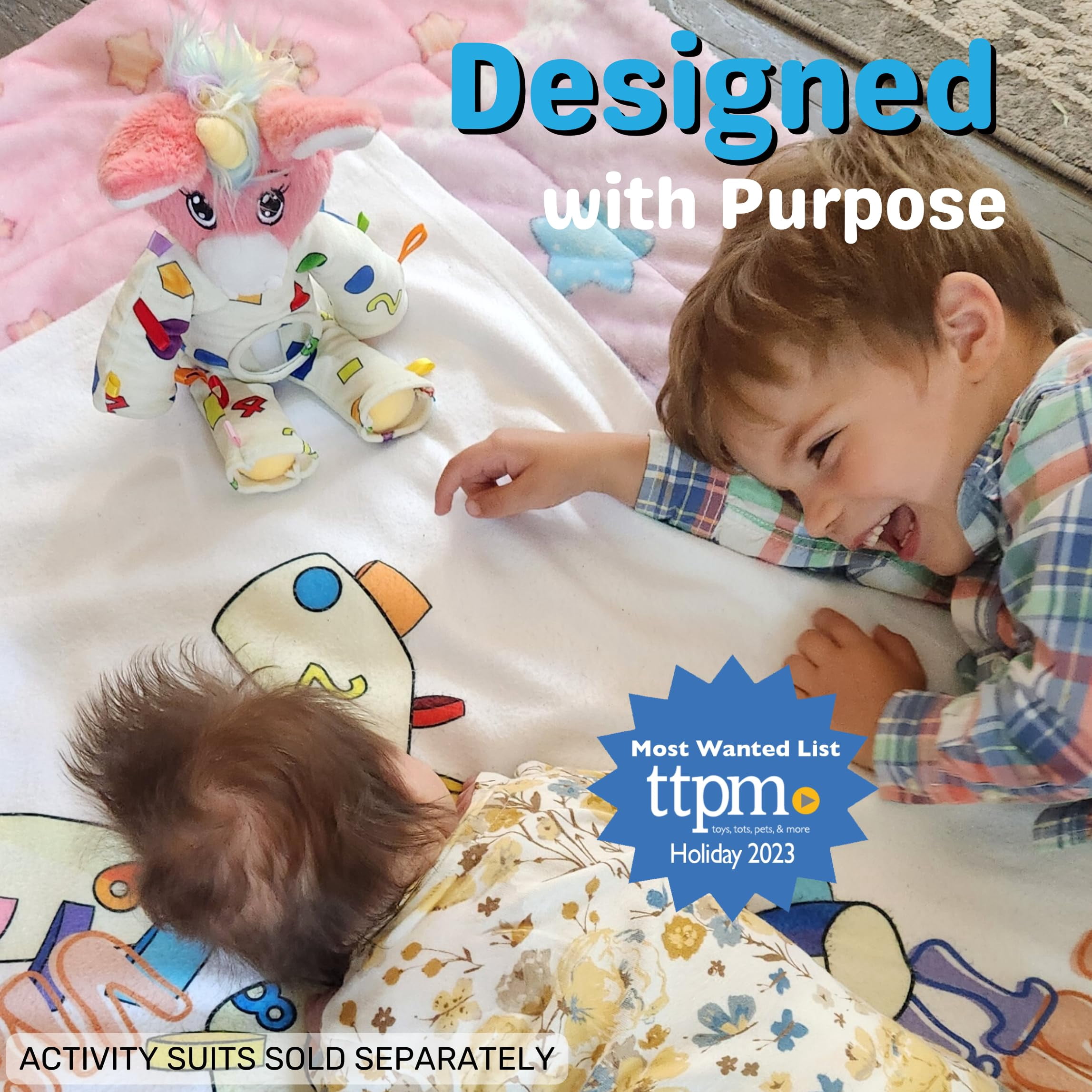 The Adventure Crew Gemma the Unicorn Plush Comfort / Activity Toy for Newborn and Up | Ultra-Soft, 11.5" Compact Size with Weighted Limbs | Interactive Companion for Early Learning