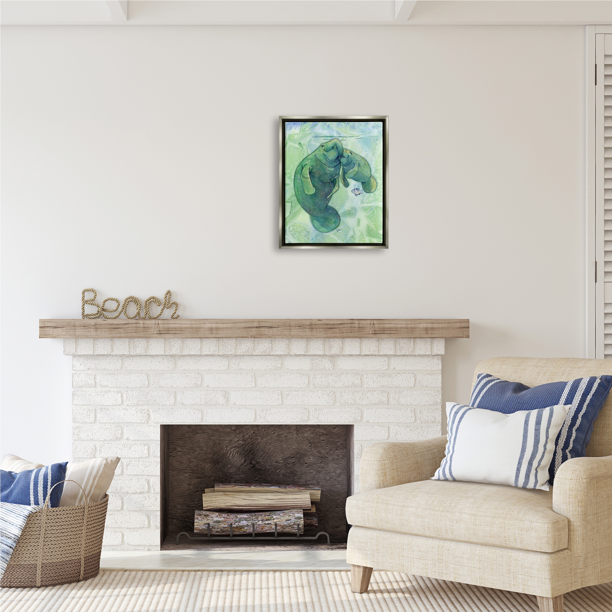 Stupell Industries Green Manatees & Fish Animals & Insects Painting Gray Floater Framed Art Print Wall Art, 17 x 21