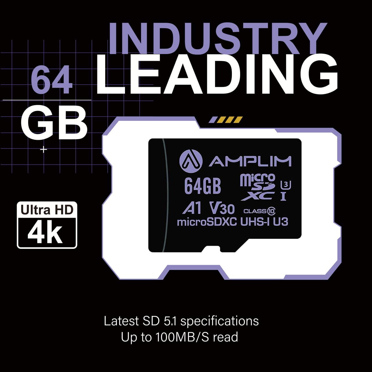 Amplim Micro SD Card 64GB | MicroSD Memory Plus Adapter | A1 MicroSDXC U3 Class 10 V30 UHS-I for Nintendo, GoPro Hero, Surface, Phone, Camera Cam, Tablet | Purple