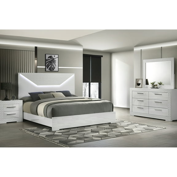 Fashionable 4 Queen Bedroom With Led Lighted Headboard & Storage - Bed, 6 Dresser, Matching Mirror, 2 Nightstand White 4 Pc And Spacious Interior