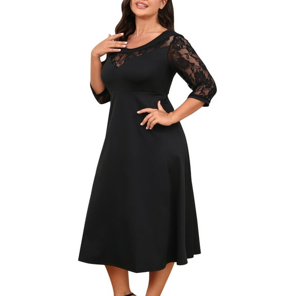 THDHVS Plus Size Dresses for Curvy Women,Womens Dresses,Womens Plus Size Lace Patchwork Quarter Sleeve Dress Black L