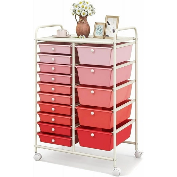 KOTEK 15-Drawer Rolling Storage Cart, Multipurpose Mobile Utility Cart with 4 Wheels, Home Office School Tools Scrapbook Paper Organizer (Pink)