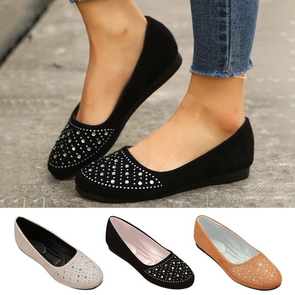FRSASU Women's Rhinestone Round Toe Flats Soft Comfortable Arch Support Flats Memory Foam Insole Cushion Slip On Ballet Shoes Coffee