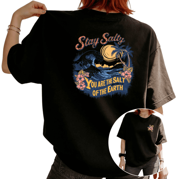 Women Stay Salty Wave Palm Flower Blue Orange Retro Back Print Graphic Tees T Shirt Tops Round-neck Printed Cotton T-Shirt Black S-5XL