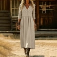 thumbnail image 3 of XUNKUSGA Cotton Linen Dresses for Women Casual Soild Button Up Long Dresses Fashion V Neck 3/4 Sleeve Flowy Maxi Dress for Daily,Work ,Beach S-2XL,Brown, 3 of 9
