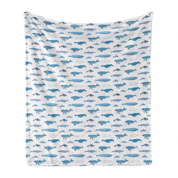 Whale Soft Flannel Fleece Throw Blanket, Nautical Animals Pattern in Doodle Style Hand Drawn Aquatic Mammal, Cozy Plush for Indoor and Outdoor Use, 50" x 60", Slate Blue White, by Ambesonne