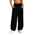 thumbnail image 4 of Women Solid Double Crinkle Elastic High Waist Jogger Pants, Side Pockets Loose Daily Casual Long Trousers Black M(M), 4 of 9