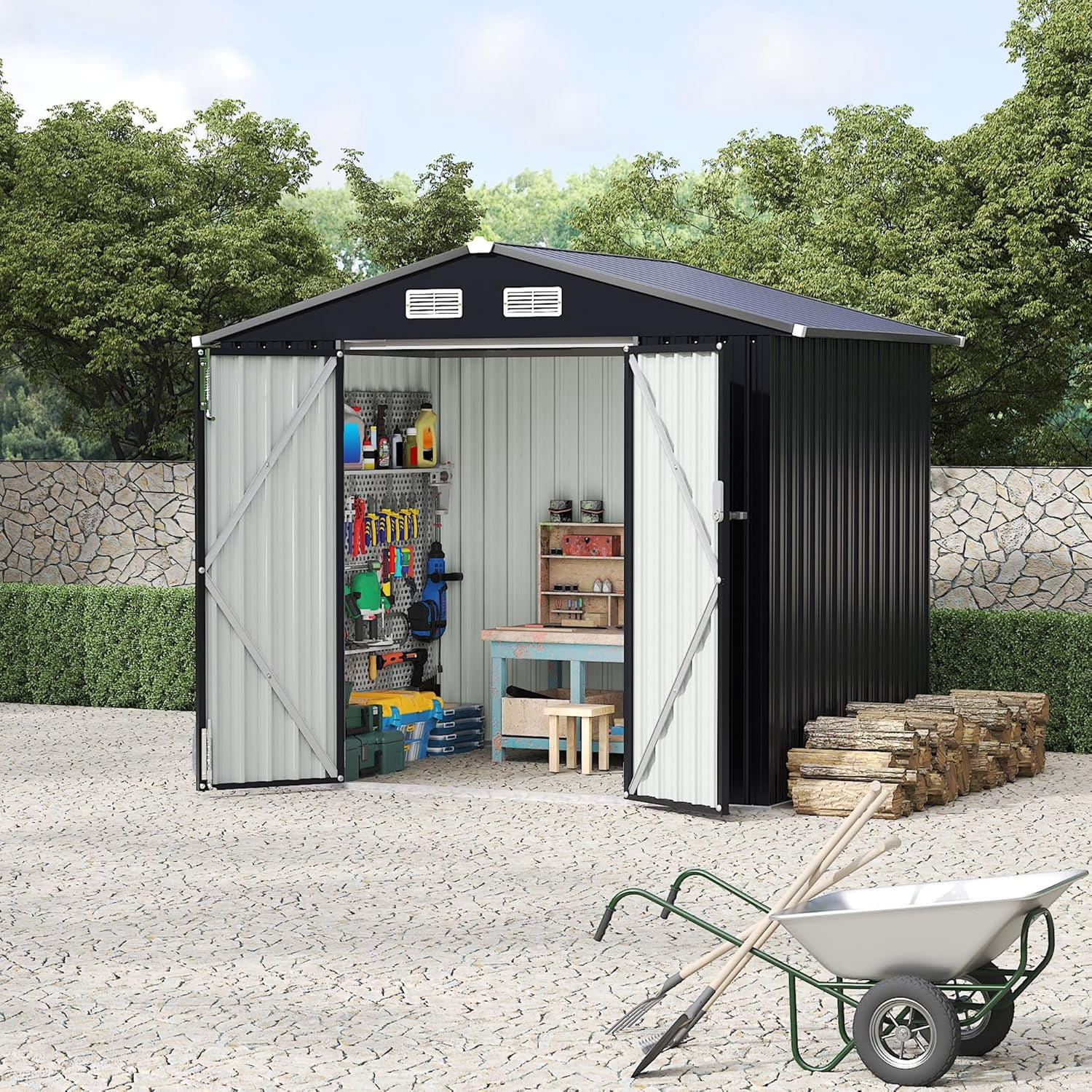 6' x 8'Outdoor Storage Shed,Metal Yard Sheds with Lockable Door&Doors Vents for  Backyard Patio Lawn