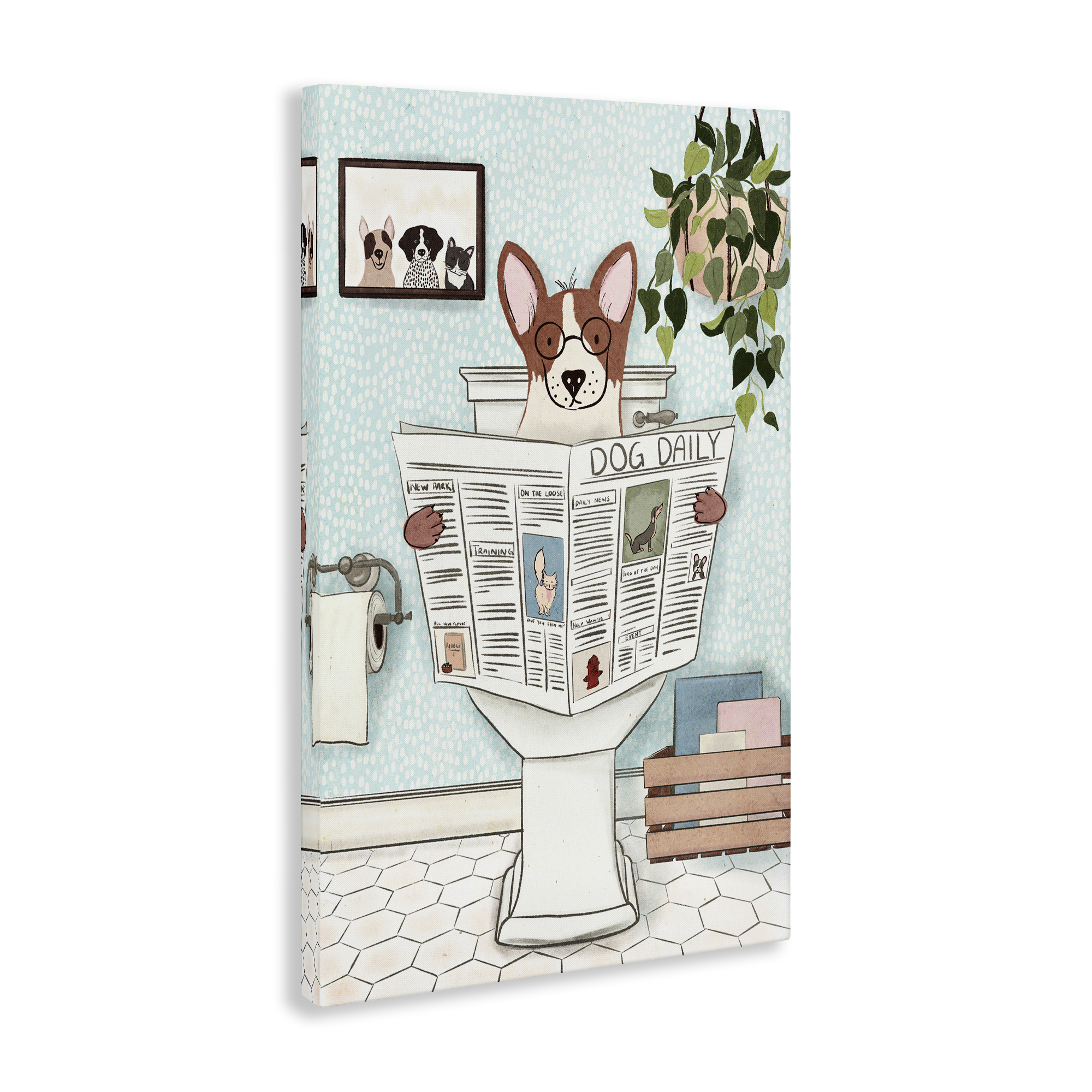 Stupell Industries Dog & Newspaper Bathroom Bath & Laundry Painting Wrapped Canvas Art Print Wall Art, 16 x 24