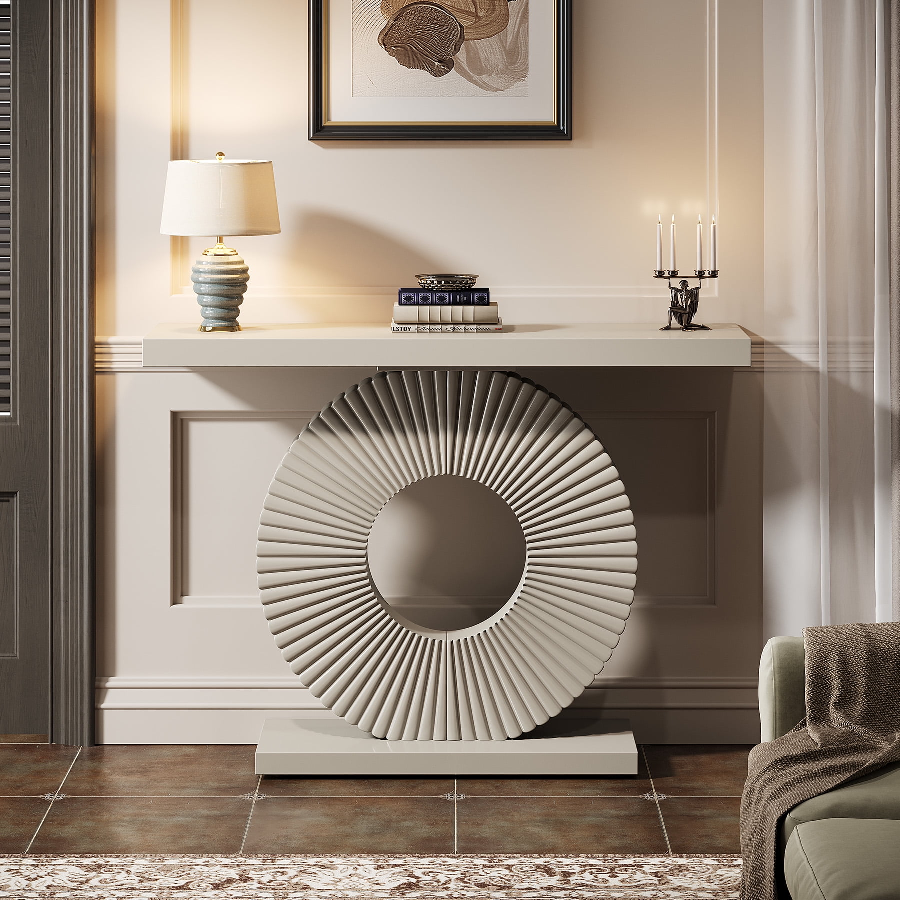 Fnova Console Table, 40" Wood Modern Art Narrow Long Side Table, Entryway Table with Round Base, Sofa Table, Accent Table for Living Room, Entryway, Hallway, White