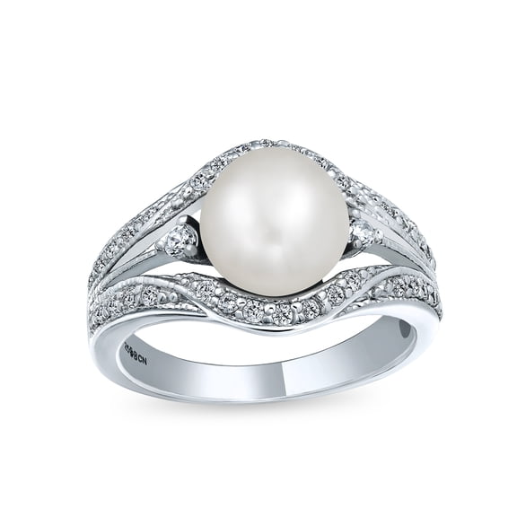 Bling Jewelry Womens Art Deco Silver Ring Freshwater Pearl Pave Triple Split Band