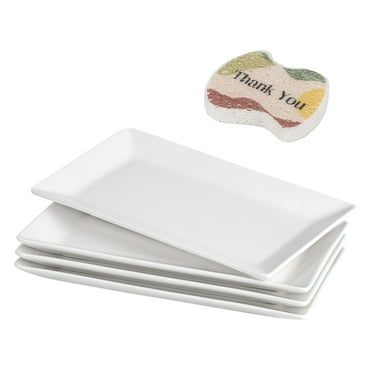 DOWAN 9.7in White Ceramic Serving Platters, Set of 4 Large Rectangle Salad Plates, Serving Tray Dishes for Desserts Appetizers, Microwave Dishwasher Safe, Free Sponge