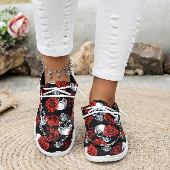KEVCHE Halloween Womens Print Lace Up Walking Shoes, Casual Daily Wear Footwear with Comfortable Lightweight Design, Festive Halloween Flat Shoes for Seasonal Party