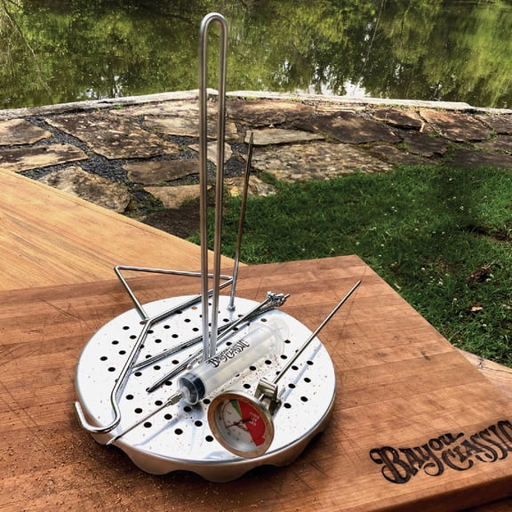 Bayou Classic Poultry Fry Rack Set - Perforated Aluminum, Thermometer, Injector, Skewers — Residential Use, Standard Application