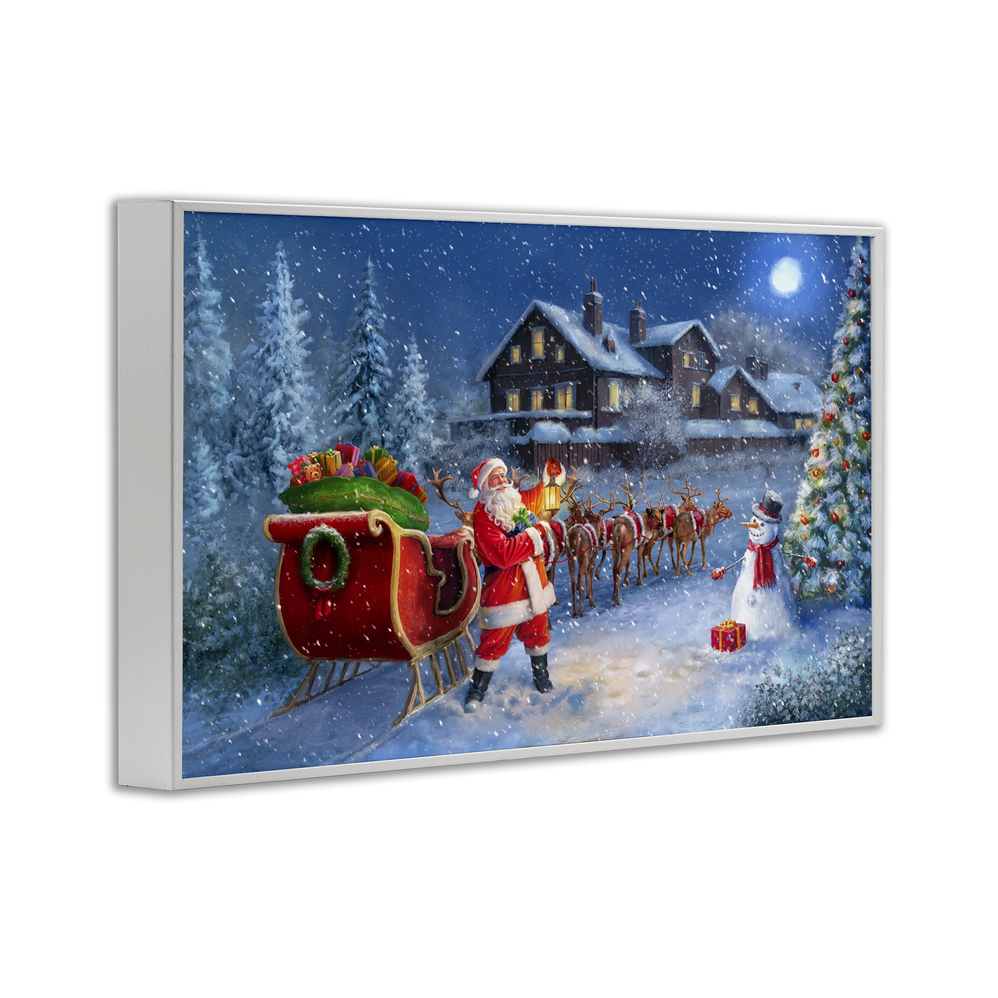 Stupell Industries Santa Snowy Night View Holiday Painting White Framed Art Prints Wall Art, 24 x 16