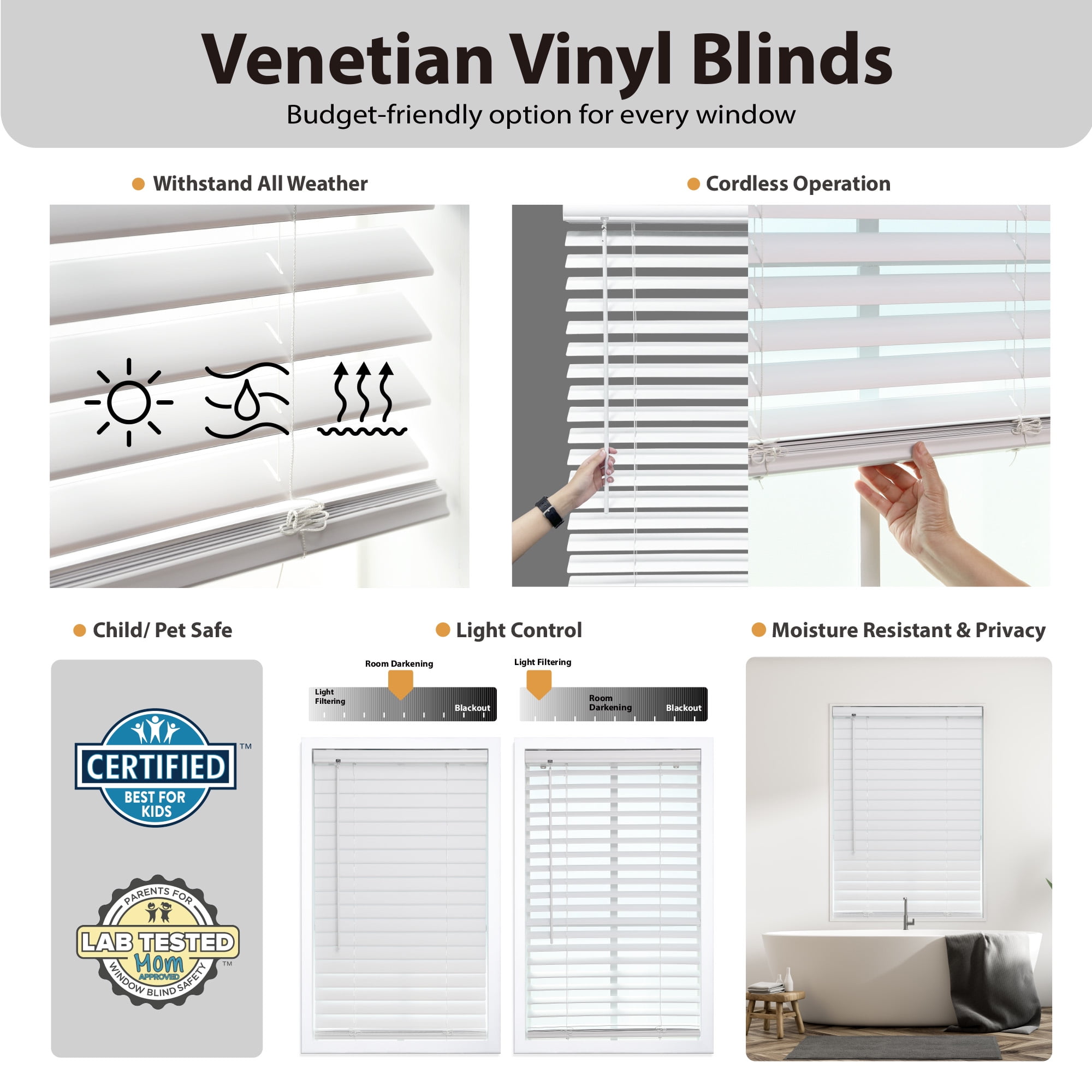 Regal Living 34" x 60" Cordless 2" Room Darkening Venetian Vinyl Blinds, White