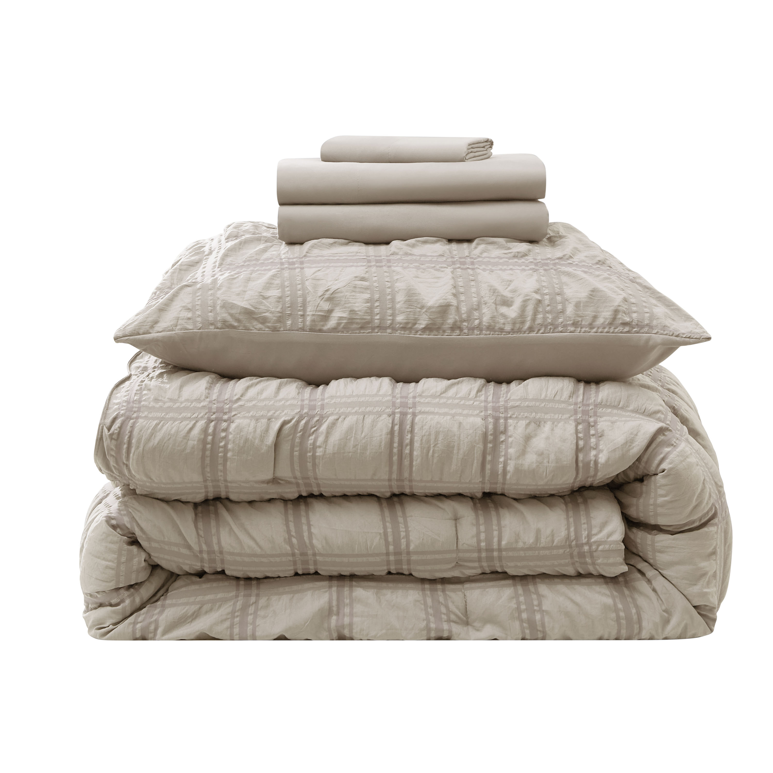 LammaLoe Twin Comforter Sets, 7 Piece Seersucker Bed in a Bag, Bedding Comforter Set with Sheets, Modern Bed Set, Oatmeal
