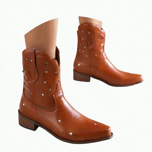 UngA Womens Boots Women's Cowboy Boots Mid Calf Cowgirl Embroidered Western Pointed Toe Chunky Heel Pull On Knee High Boots Brown,5.5