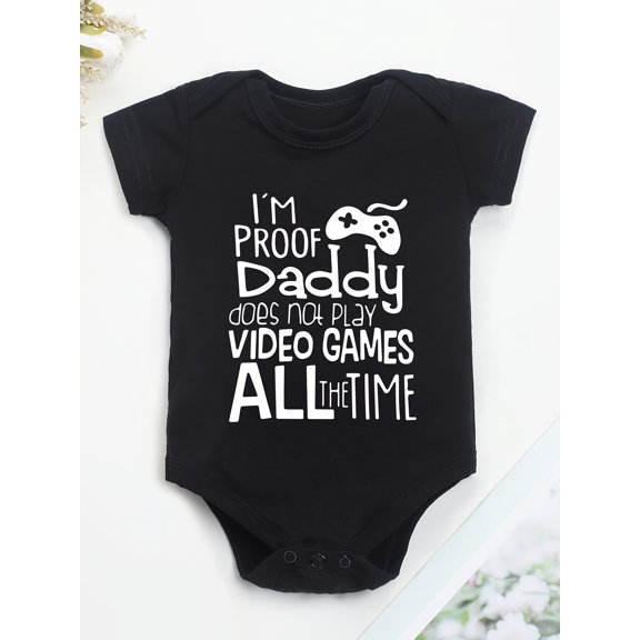 100% Cotton Youngsters Onesie - "I'm Proof Daddy Doesn't Always Play Video Games" Funny Letter Print, Soft Casual Round Neck Romper for Youngsters, Machine Washable Bodysuit, Perfect for Outdoor