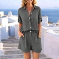 thumbnail image 2 of ClodeEU Women's 2 Piece Linen Cotton Outfits,Collared Button Down Shirt and High Waist Wide Leg Shorts Set,Casual Summer Loungewear with Pockets Gray,Women's Plus S, 2 of 8