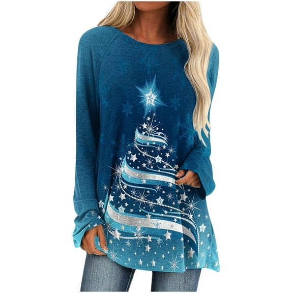 IROINNID Deals Christmas Tunic Tops for Women Long Sleeves Floral Lounge Shirts Solid Pullover Loose Tunic Tops Tree Print Round Neck Long Sleeve Blouse,Blue