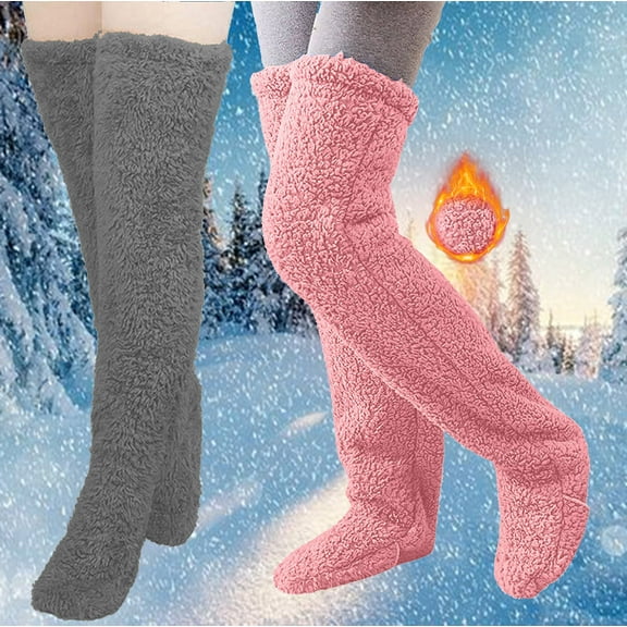 Fewfanhot Women's 2 Pairs High Fuzzy Socks Over Knee Leg Warmers Slipper Socks - Cozy Knit Holiday Designs with Non-Skid Soles for Home Celebrations and Gift Exchanges