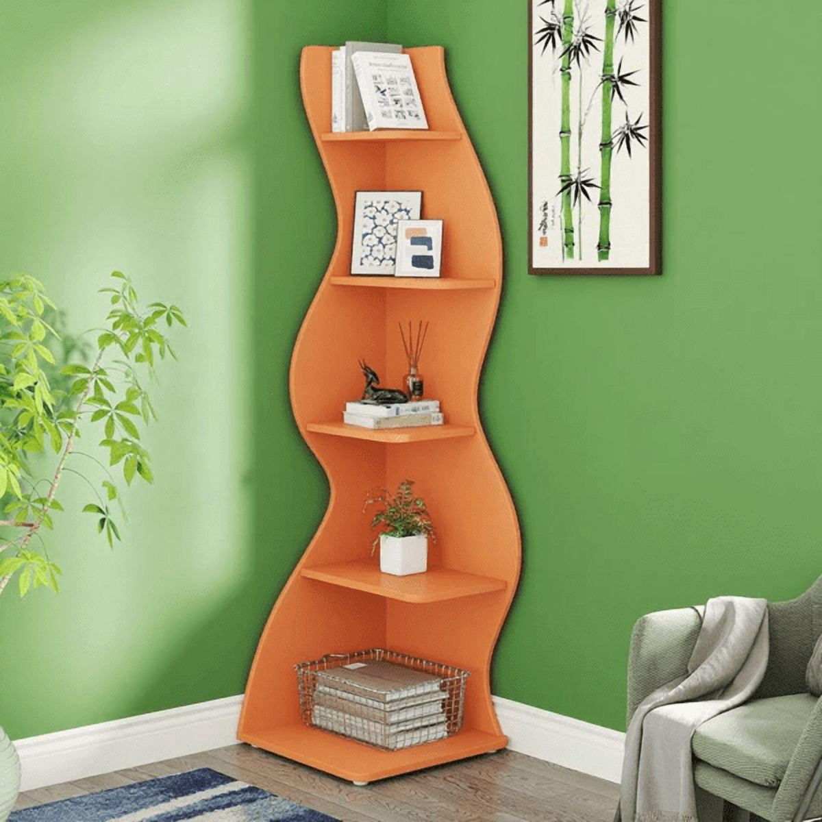 5-Tier White Shelving Unit with Sea Grass Design Adjustable Shelves, High-Quality Board, Modern Storage for Home & Office
