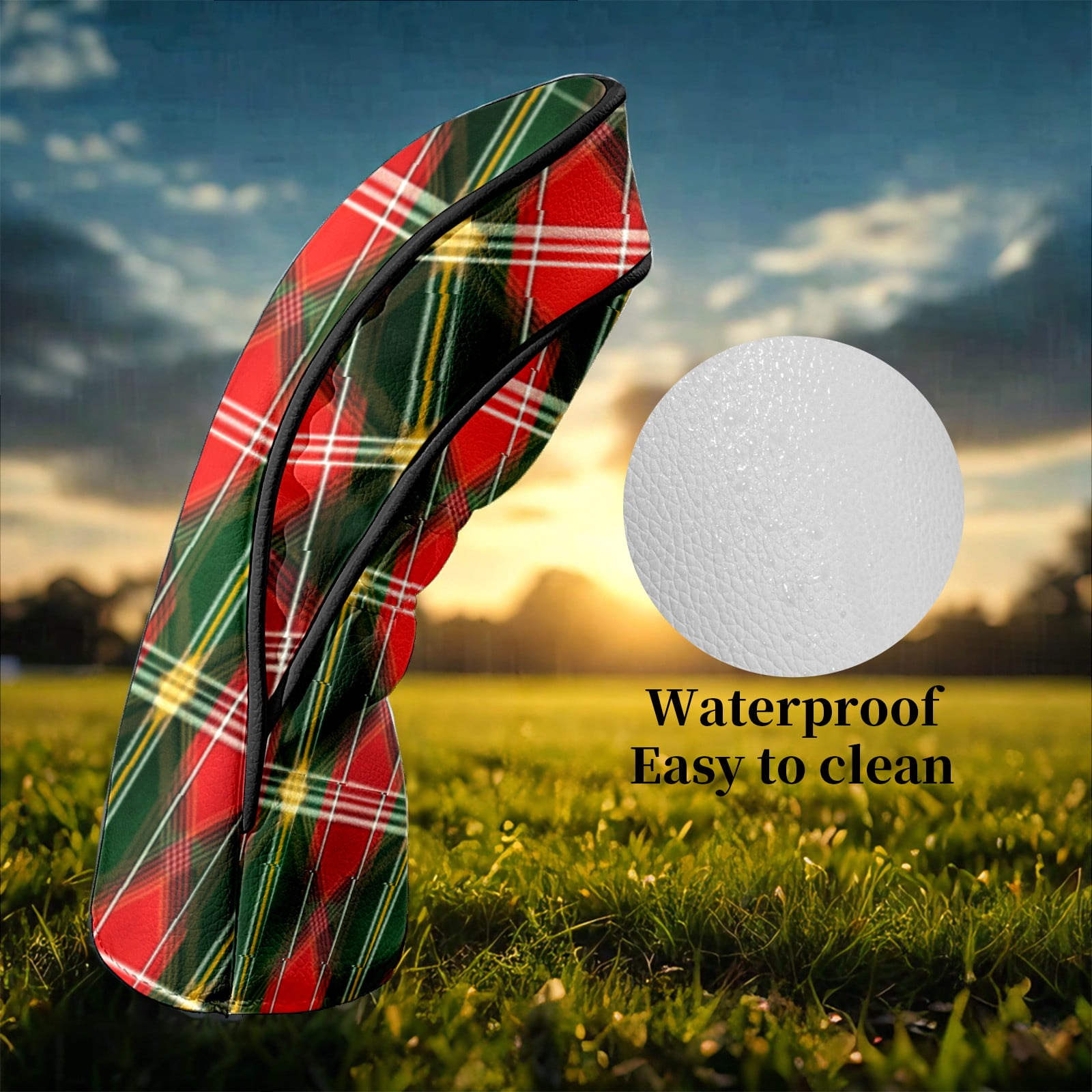 Golf Head Covers for Woods and Driver Waterproof Leather Golf Club Head Covers for Women Men Golf Driver Fairway Wood Headcover Red Plaid Seamless Pattern