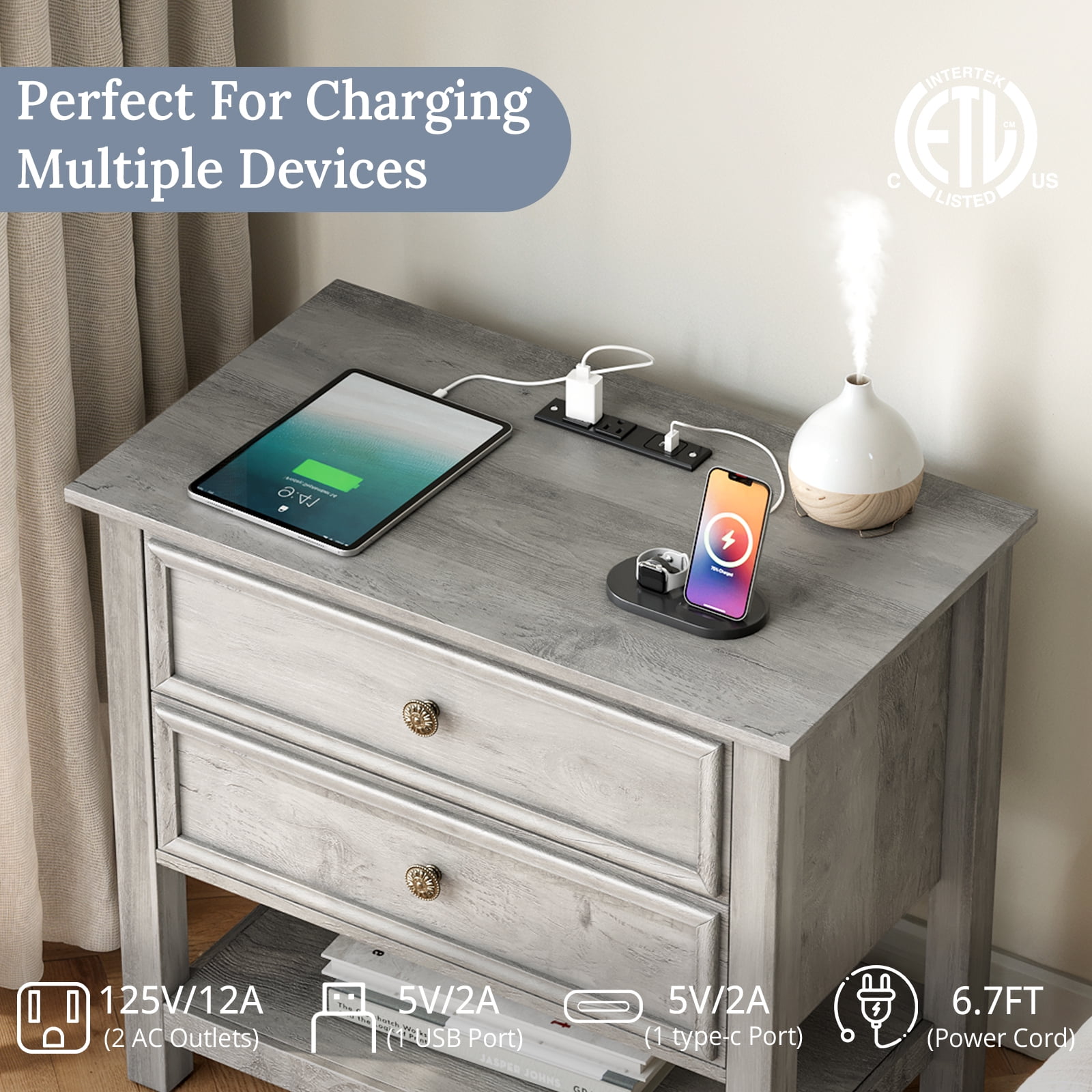 Holliwill 2 Drawer Dressers for Bedroom with Charging Station, Modern Wood Chest of Drawers with Open Storage for Living Room, Hallway, Gray