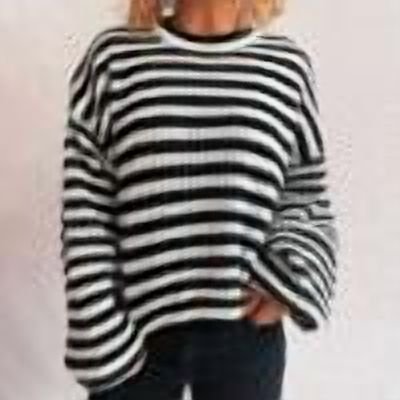 PEONAVET Chandail Col Rond pour Femmes Manches Longues Col Rond Rayé Imprimé Décontracté Tricot Ample