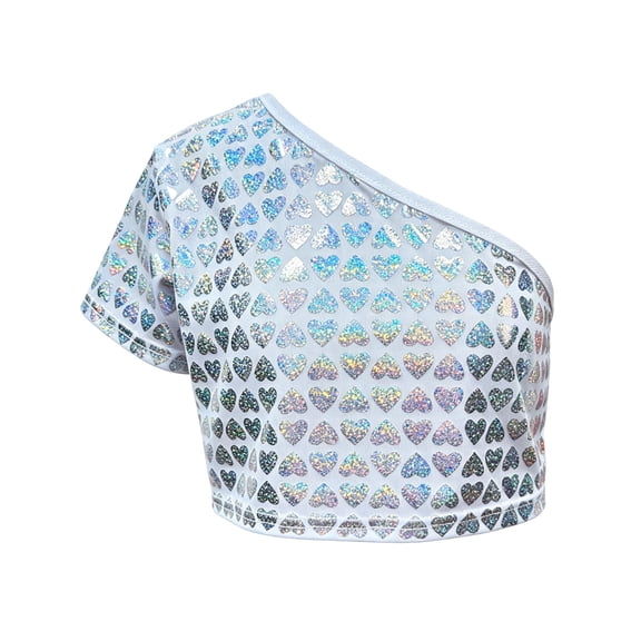 ZHOGXU Girls Sparkly Heart Sequin Shirts Short Sleeve One Shoulder Kids Cropped Clothes Dance Performance Tops,Silver,7-8 Years