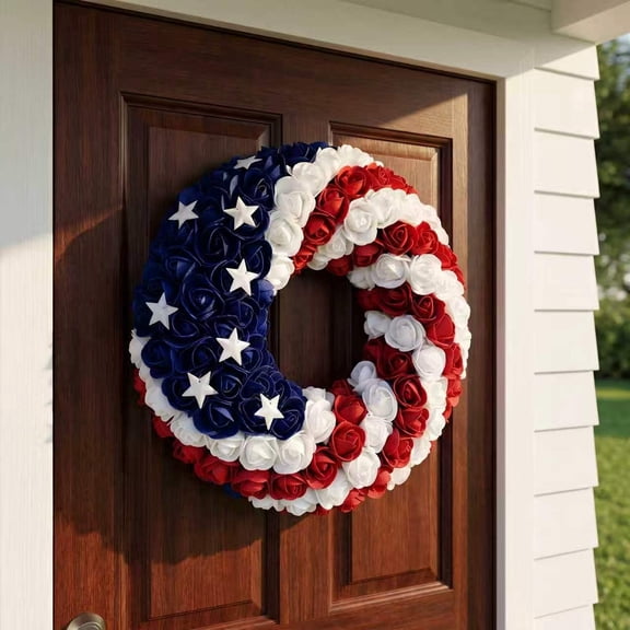 July 4th Patriotic Americana Wreath, Handcrafted Memorial Day Wreath & Festival Garland Decoration for Front Door Wall Home Decor (Blue)
