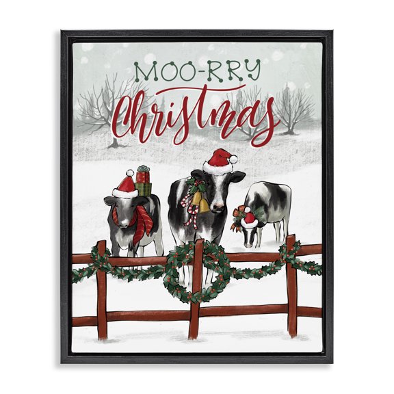 Stupell Industries Farmhouse Moo-rry Christmas Holiday Snowy Cows Black Floating Frame Canvas Art, 17 x 21, by Caverly Smith