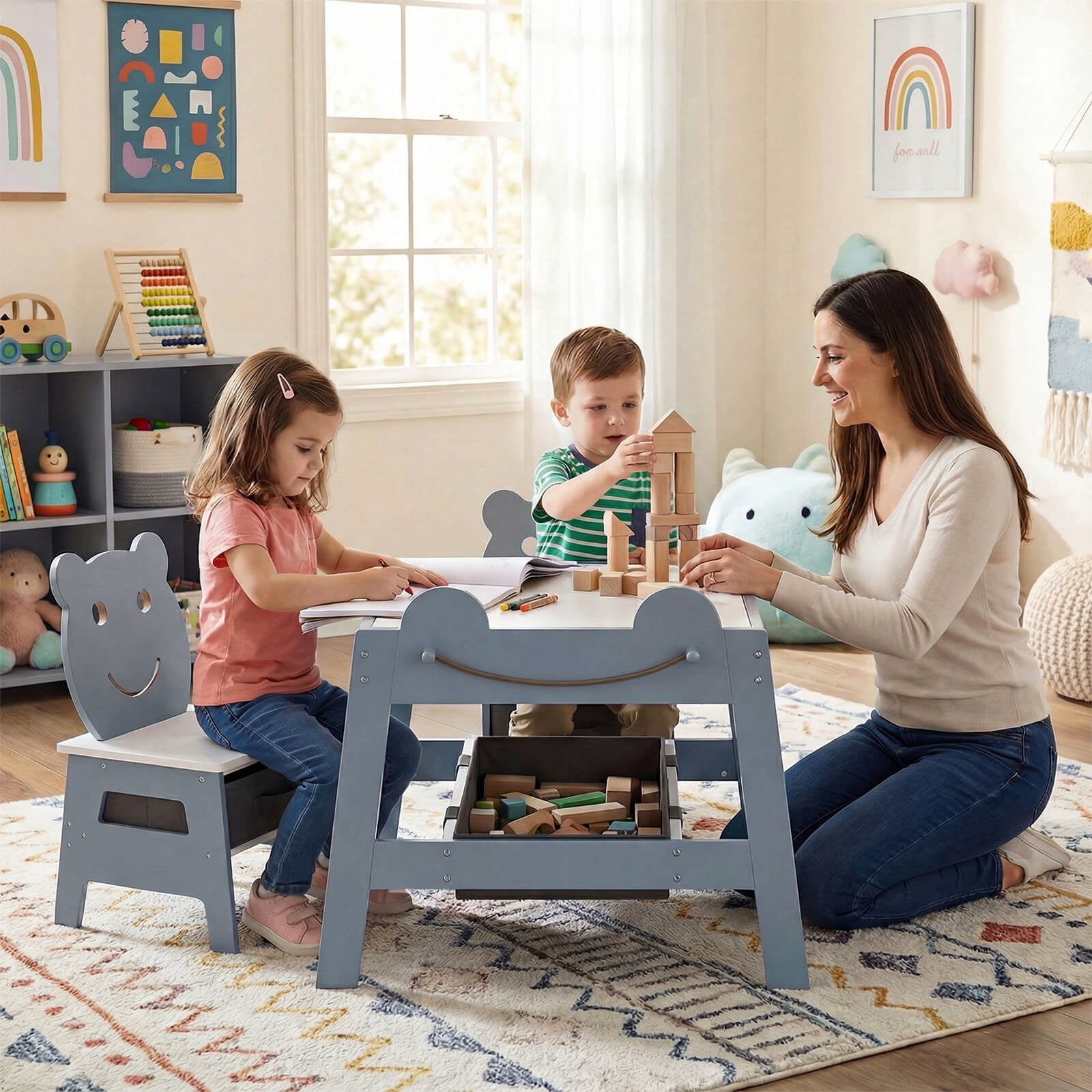 Costway 5-in-1 Kids' Table & Chair Set with Chalkboard, Whiteboard, 3 Storage Bins, 4 Hooks Gray + White