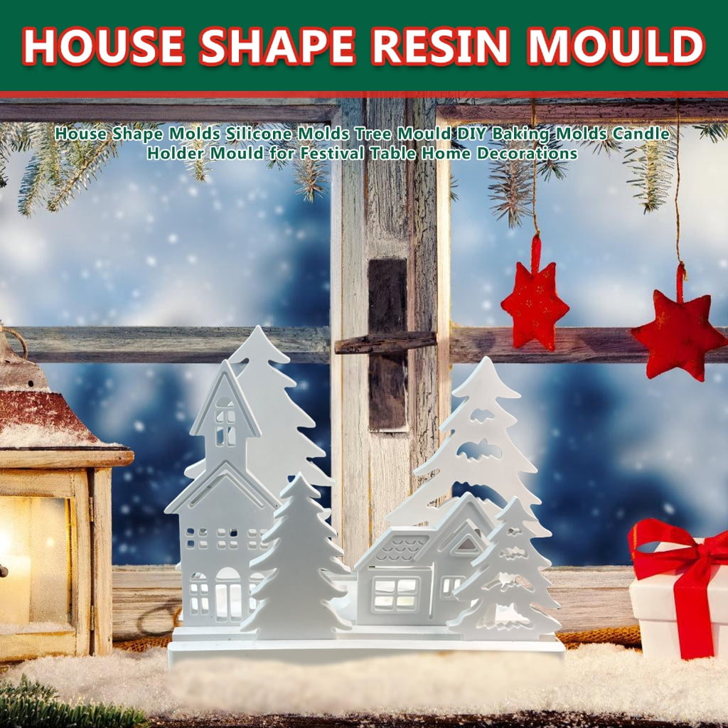lanema House Shape Resin Mould Tree Silicone Molds DIY Candle Holder Mould for Festival