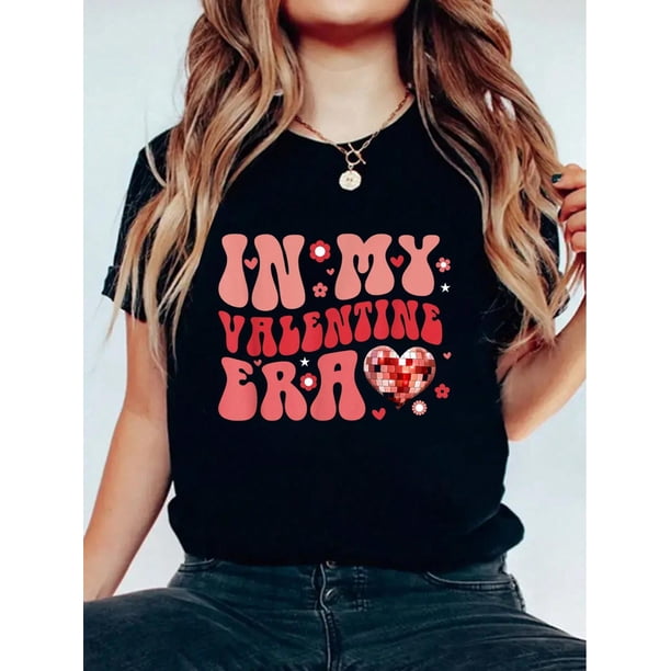 In My Valentine Era Cute Valentine's Day Girls Kids Retro T-Shirt With Mastiff's Footprints Graphic, Floral Print, Round Neck, Short Sleeves, Stretch Fabric, Summer Top Tee For Adult, Men, Women, Tee