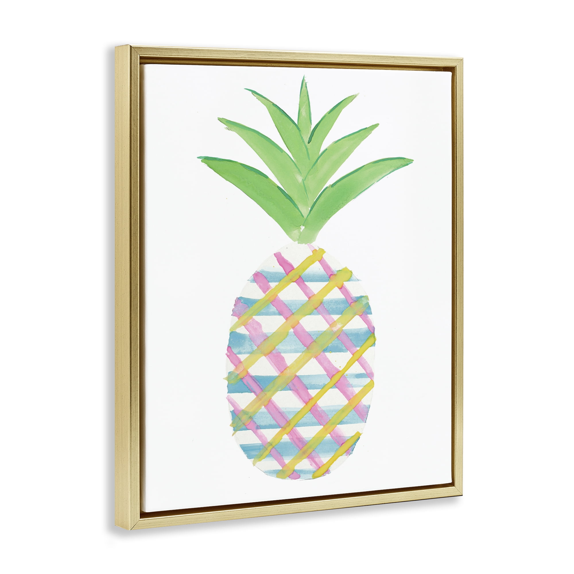Stupell Industries Plaid Pineapple Fruit Food & Beverage Painting Gold Floater Framed Canvas Art Print Wall Art, 25 x 31