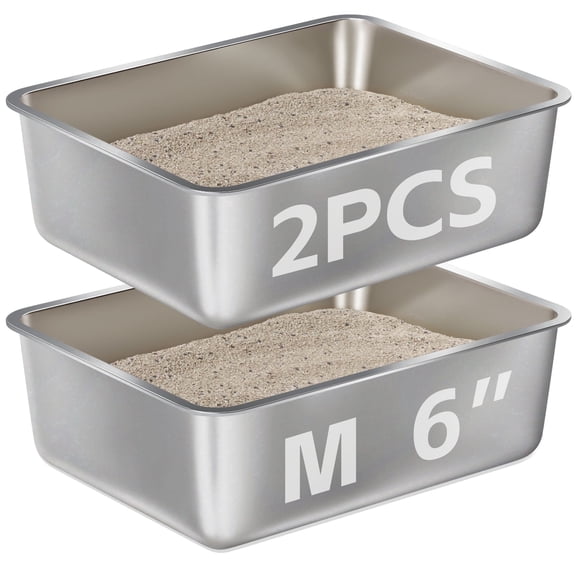 Nyutu Stainless Steel Litter Box,Metal Cat Litter Box Set with 2,6" High Sided No Odor No Stick,Easy Clean,Silver (2 Pack)