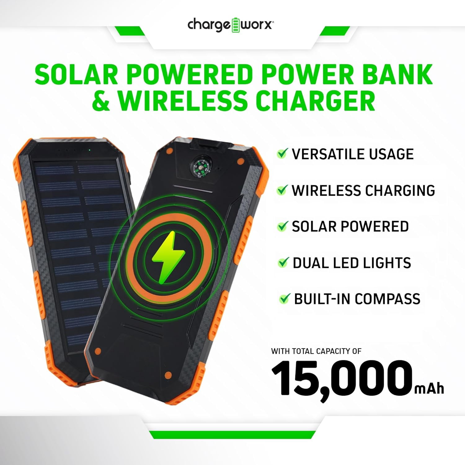 Chargeworx Solar Power Bank and Wireless Charger, 15,000 mAh Battery Pack with Dual LED Flashlight