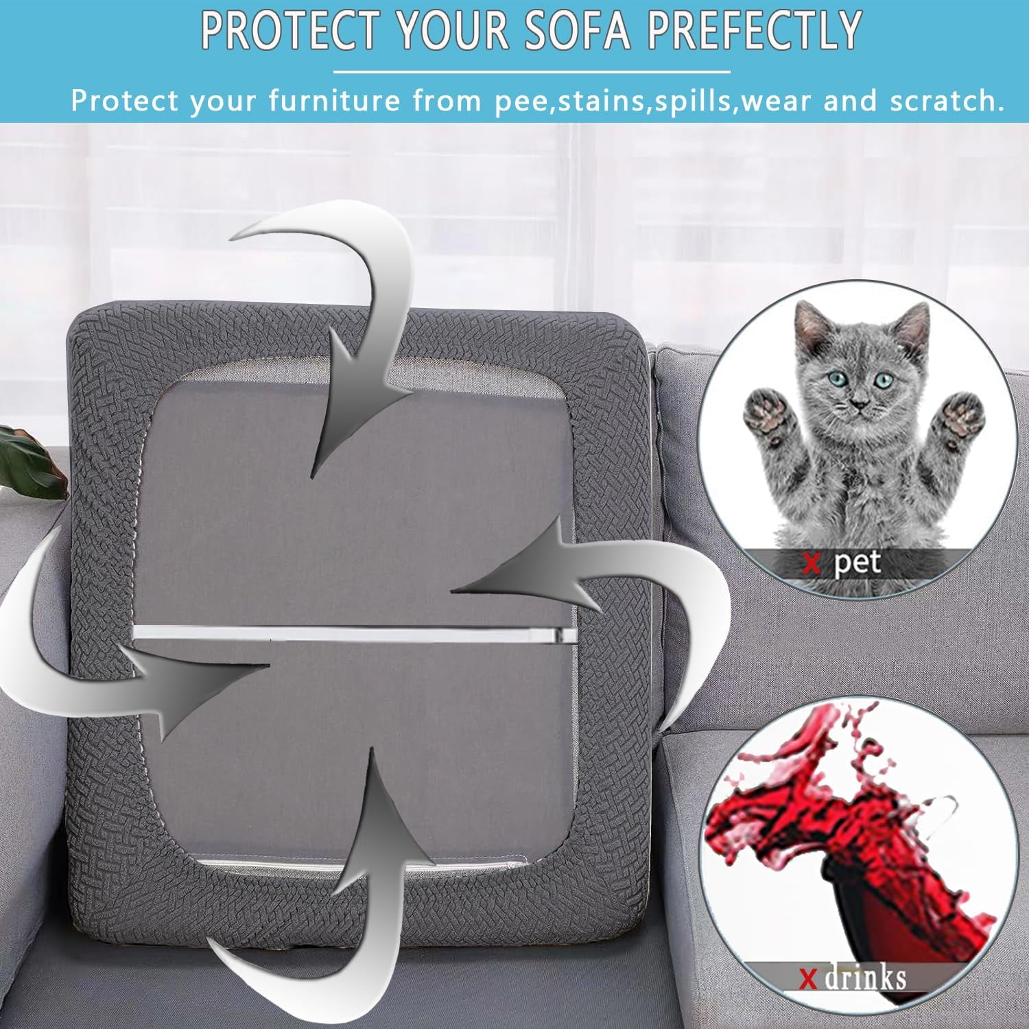 6 Pack 100% Waterproof Patio Sofa Cushion Covers, Stretch Outdoor/Indoor Individual Seat Cushion Cover Furniture Protector Sofa Slipcover, Dark Gray