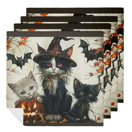 

Facannap Cats Pumpkin Bats Polyester Cloth Napkins Home Decor Halloween Party Dinner Decoration Washable Napkins 4 PCS