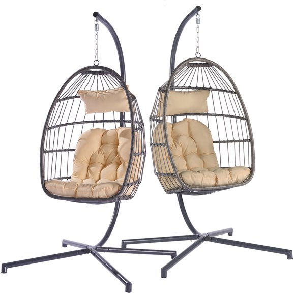 SYNGAR 2 Piece Hanging Egg Chair, Swing Chair with Steel Hammock Stand Set, Hammock Chair with Soft Seat Cushion, Multifunctional Hanging Chairs for Outdoor Indoor Bedroom, Beige