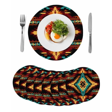 Boho Orange Teal Round 15 Inch Placemats Set of 8 Southwestern Ethnic Abstract Geometric HeatResistant Non Slip Place Mats for Dining Table Wipeable Braided Kitchen Table Mats for Housewarming