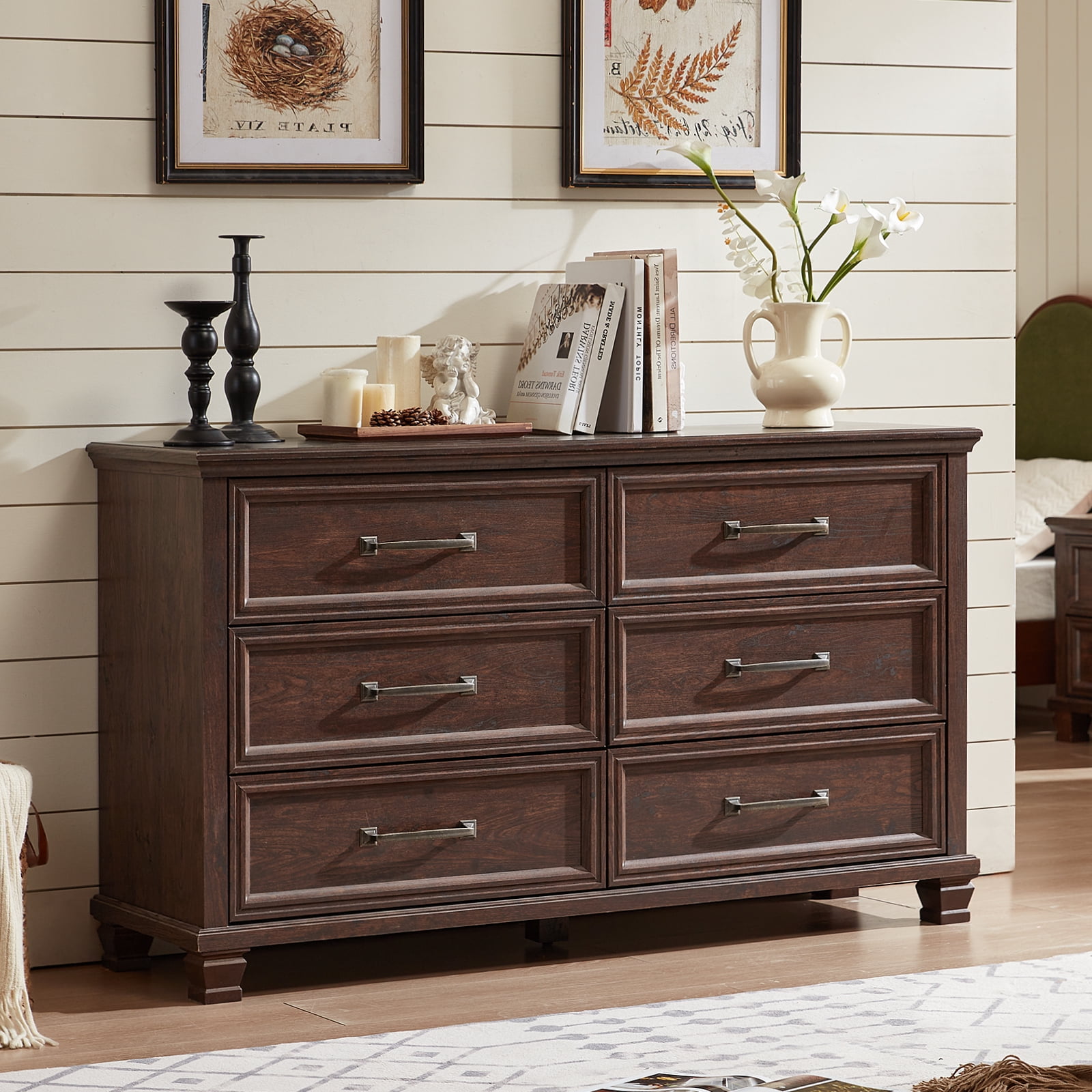 LELELINKY Farmhouse 6 Drawer Dresser, 54" Long Dressers for Bedroom, Chest of Drawers Closet Organizers and Storage Clothes for Living Room, Hallway, Walnut