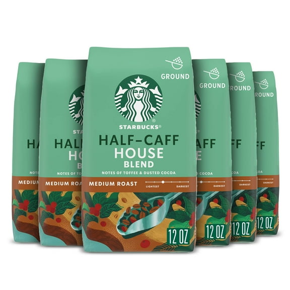 Starbucks Ground Coffee, Medium Roast Coffee, Half-Caff House Blend, 100% Arabica, 6 Bags (12 Oz Each)