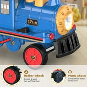 TOKTOO 12V Powered Ride on Toy Train for Kids, Ride on Train Locomotive & Train Carriage W/ Rubber Wheels, Storage Box-Blue