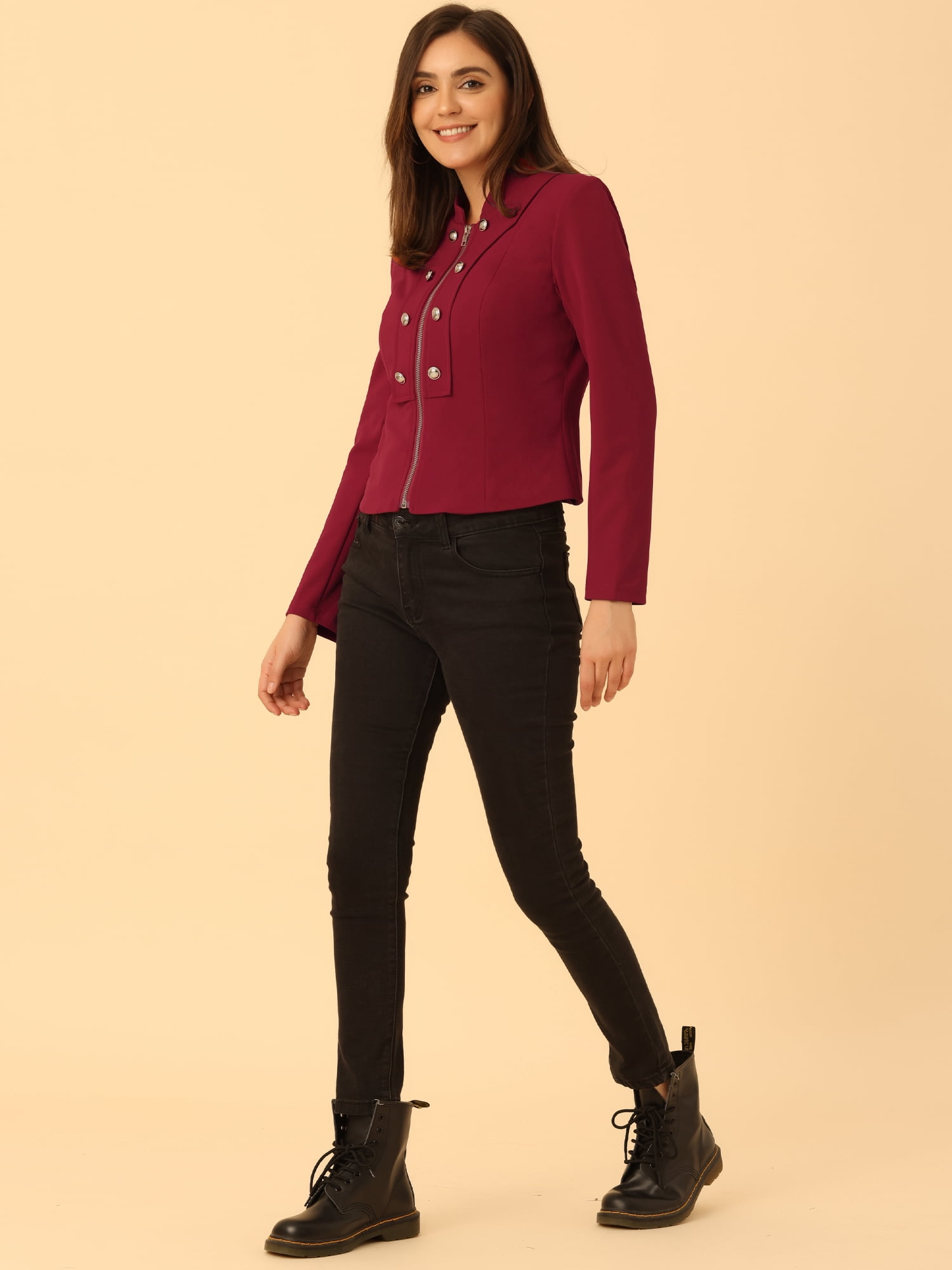 Unique Bargains Women's Stand Collar Button Decor Zip Up Blazer Jacket M Wine Red