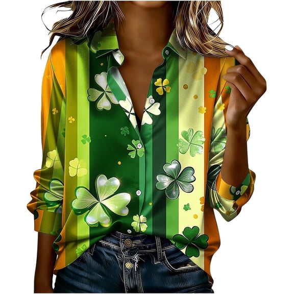 Craaazy Women's St. Patrick's Day Long Sleeve Turndown Collar Shirts with Shamrock Prints Gifts